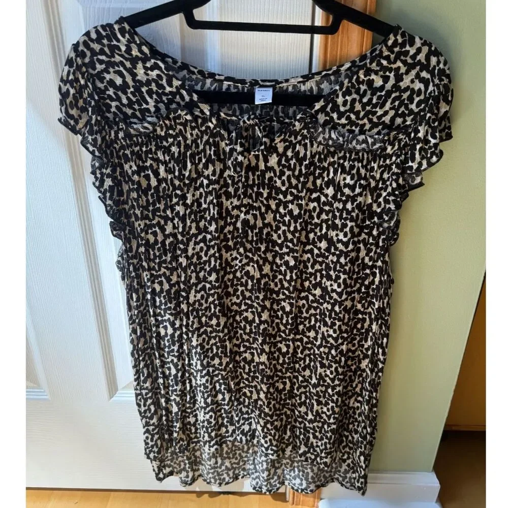 Old Navy Leopard Print Tie Neck Flutter Sleeve Blouse XL Boho Animal Print Top
